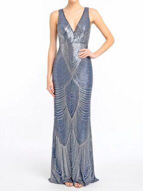 Baltic Born Silver and Navy Beaded V-Neck Evening Gown